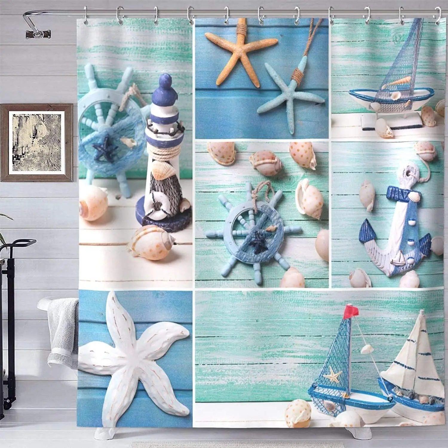 

Nautical Shower Curtain Marine Sail Boat Bathroom Accessories Starfish Shell Waterproof Home Bathtub Decor with 12 Hooks 72"x72"