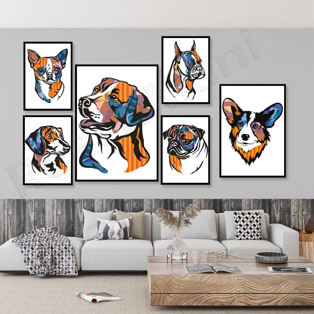 

Doberman, Airedale, Beagle, Corgi, лабрадор, чихуахуа, мопс, Святого Бернара, King Charles, многоцветный абстрактный постер с разноцветными собаками