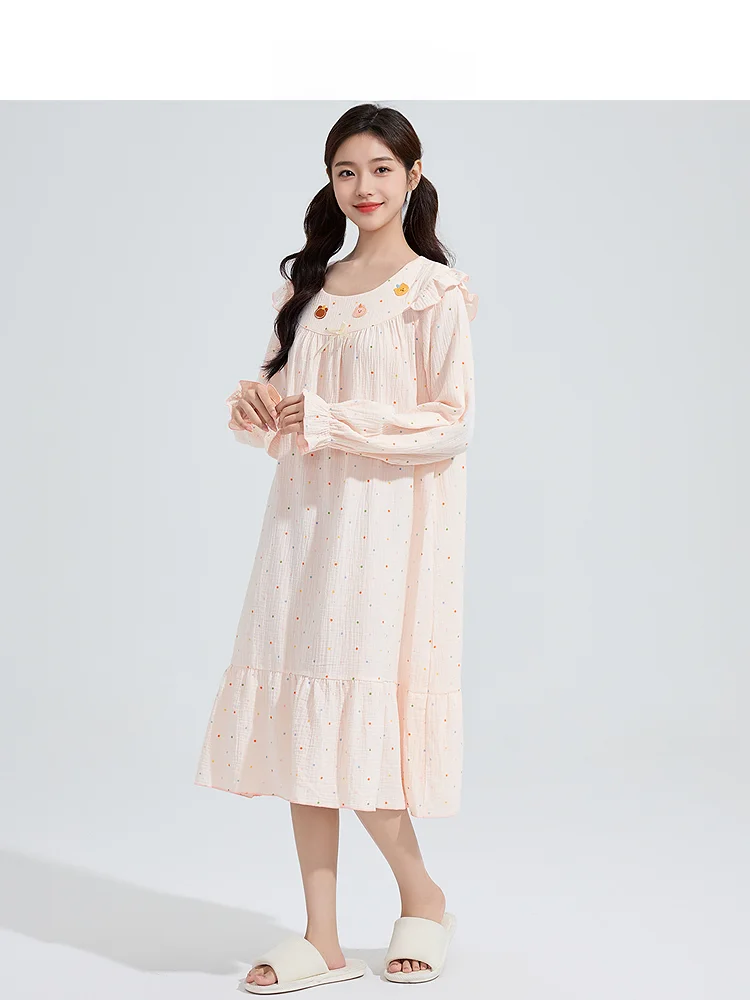 Женская Осенняя Ночная сорочка в горошек Sanfu милая двухслойная Домашняя одежда с