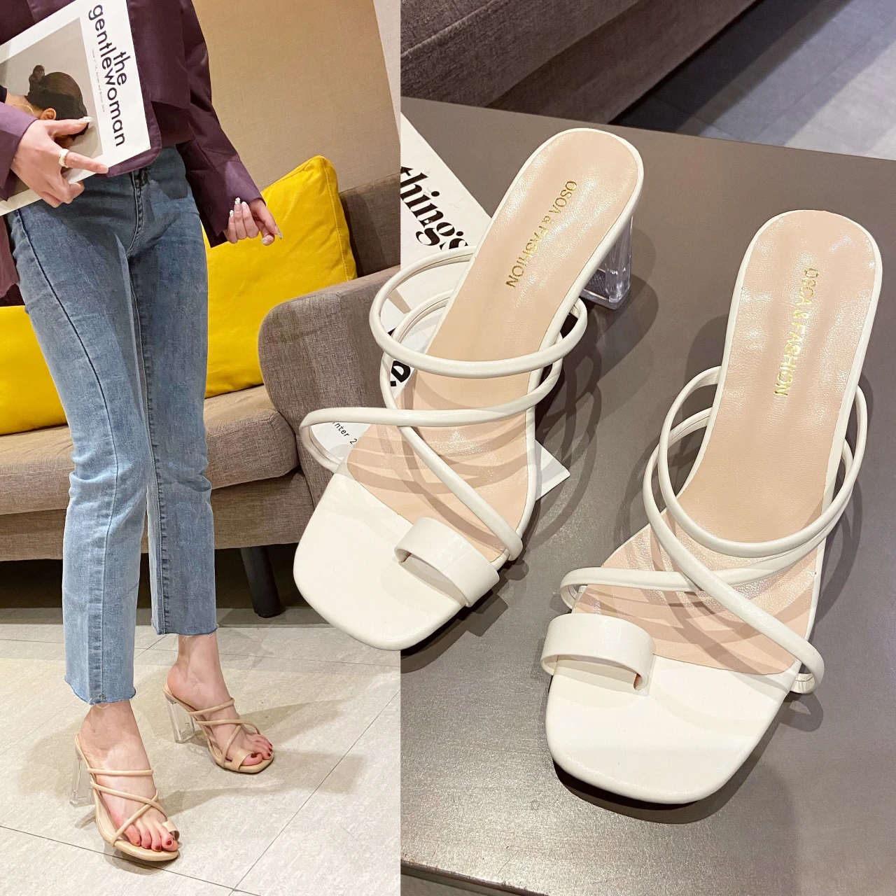 

2023 Summer New Thin Strap Clip-on Flip-flops Thin Heels Middle Heels Square-toed Slippers Good Open-toed Women's Sandals