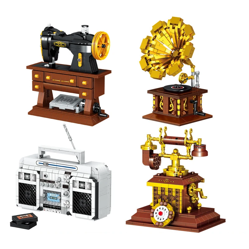 

Doubuilt Classic Creative Building Blocks Gramophone Vintage Telephone Radio Sewing Machine Model Kid Gifts for lego friends