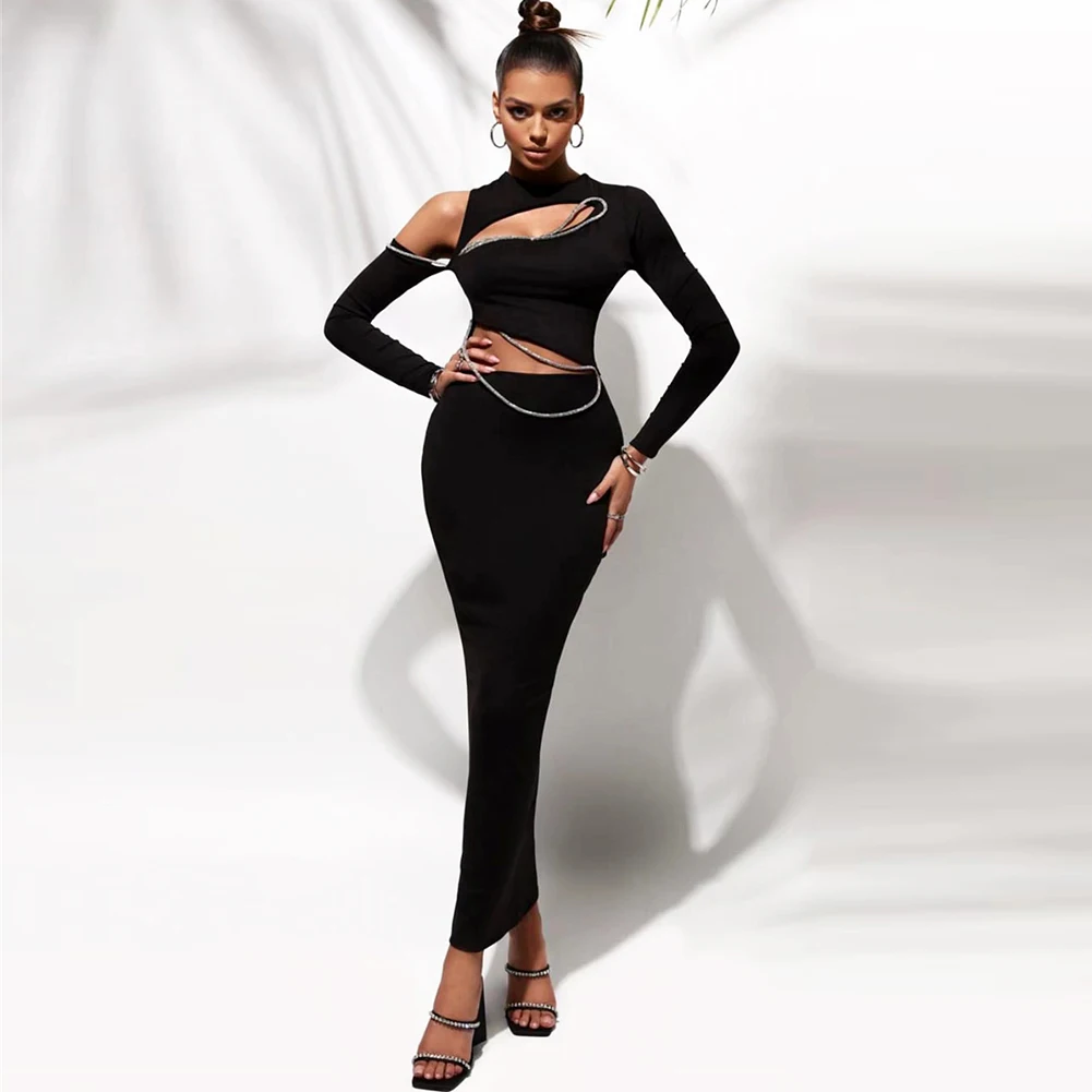 

Top Quality Women Long Sleeve Sexy Mid-calf Holes Bodycon Dress Rayon Bandage Fashion Nightclub Party Celebrate Outfit