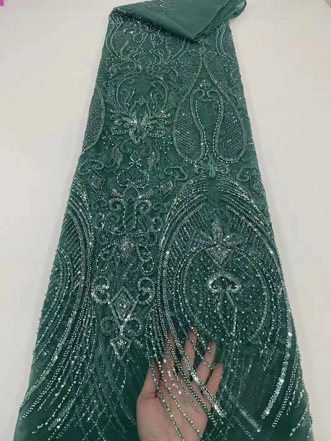 

CYL 5Yards Luxury Heavy Green Sequins Lace Fabric With Bead Sequins For Bridal Dress Evening Dress French Lace Fabric