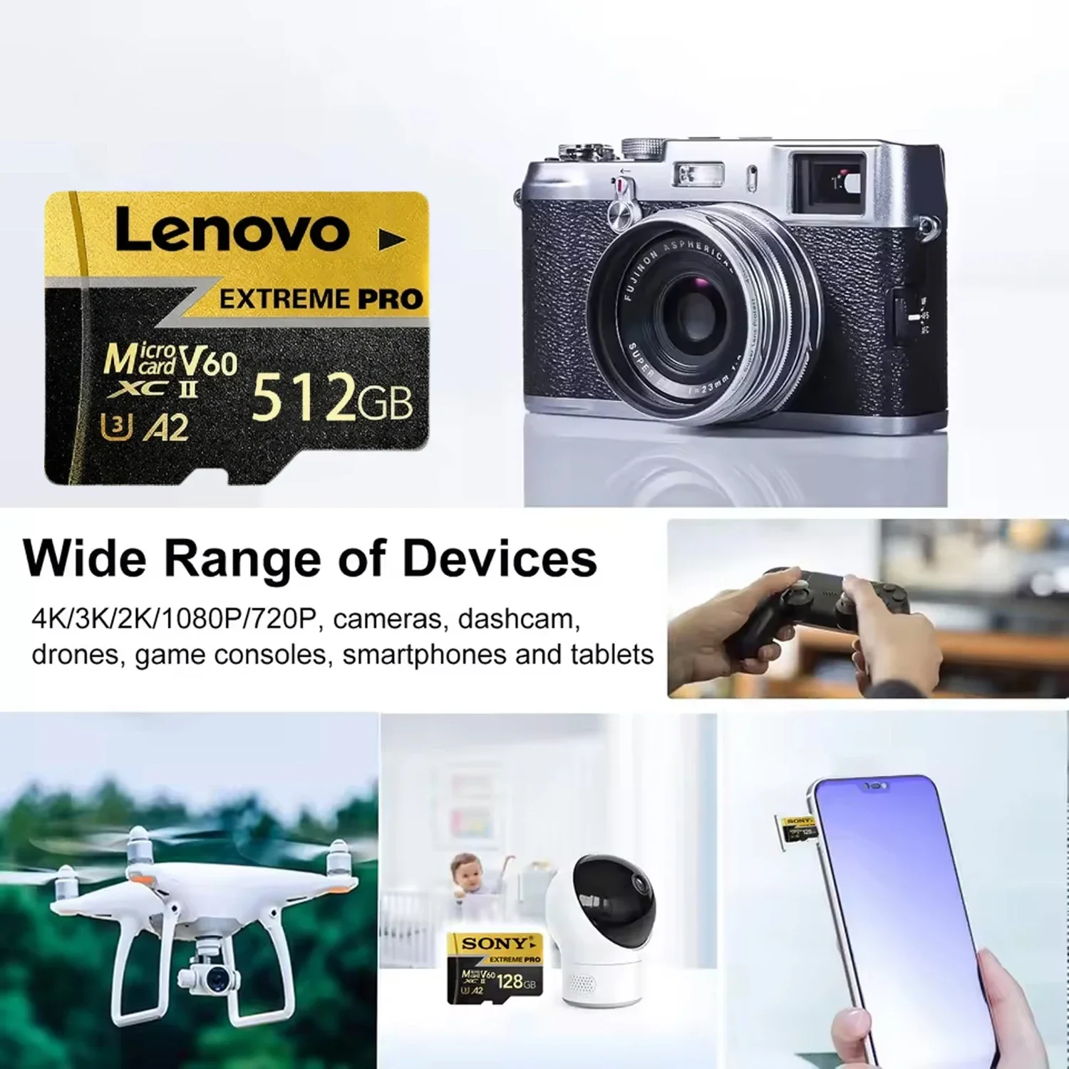 Фото Карта памяти Lenovo Micro TF SD Class10, высокоскоростная флэш-карта 128 ГБ, U3 V60, для камеры, телефона, планшета, дрона №3