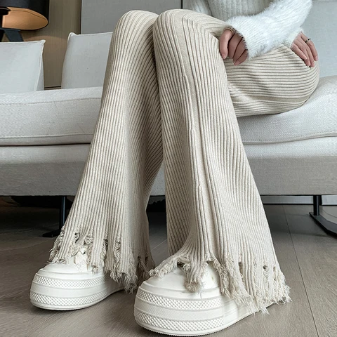 Утолщенные белые трикотажные брюки с бахромой и широкими штанинами с вертикальными полосками, с завышенной талией и шнурком, пов