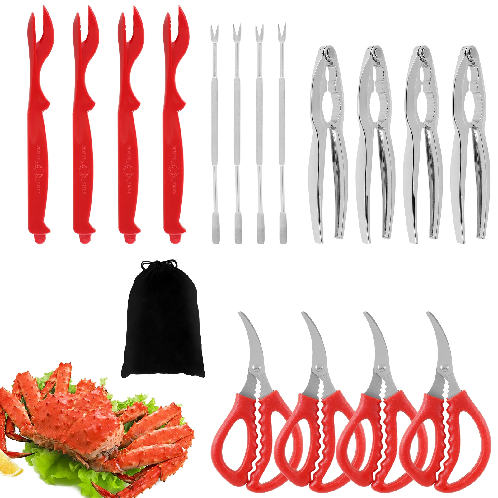 

New 16pcs Professional Seafood Tools Set Ergonomic Nut Cracker Set Including 4 Crab Crackers 4 Crab Forks/Picks 4 Seafood