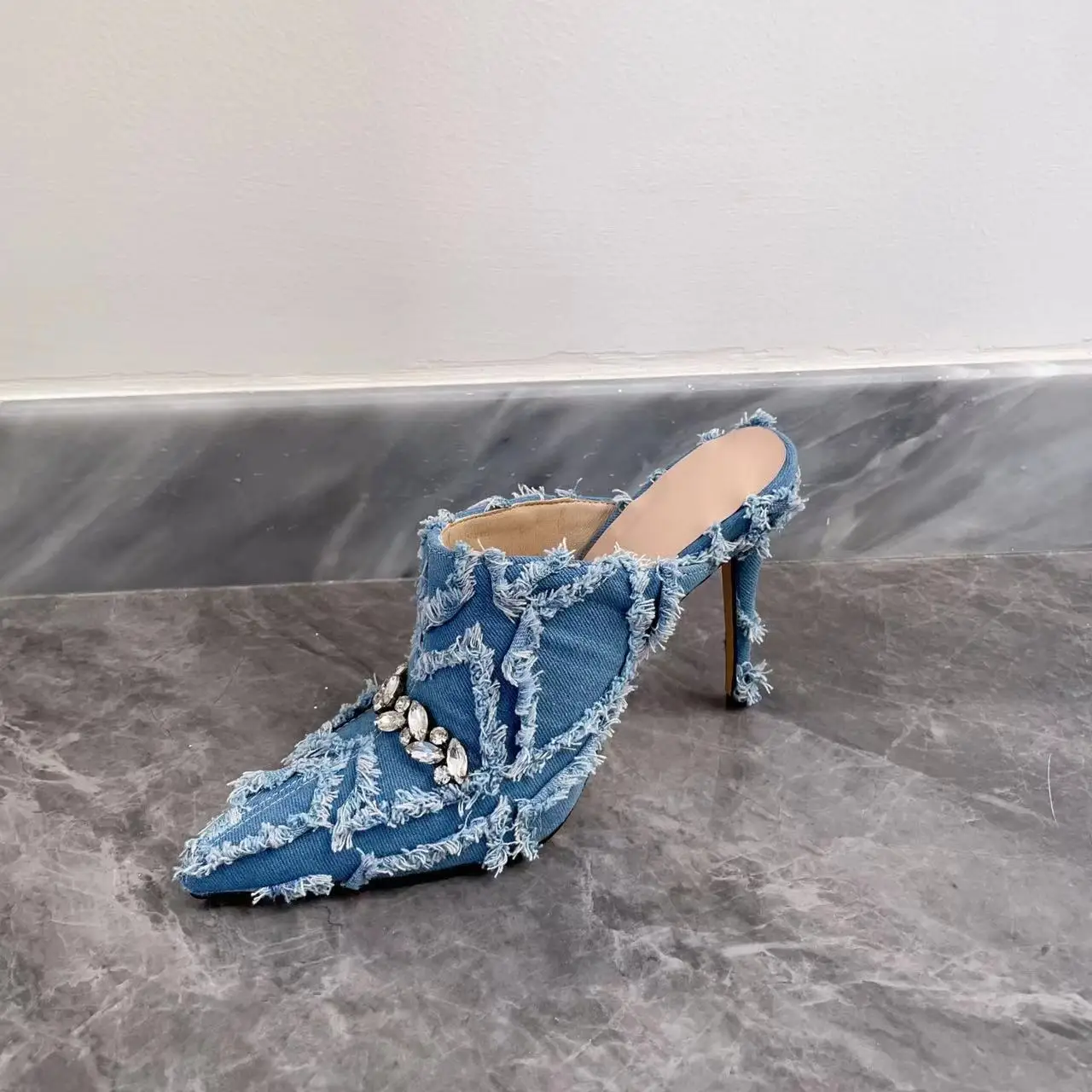 Classic Denim Luxury Crystal Tassel Slingback Slides Women Pointed Toe Blue Slip-on High Heels Slippers Lady Dress Banquet Shoes