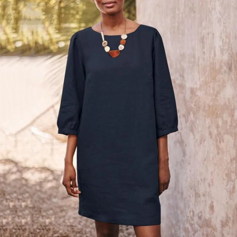 

Lady Summer O-Neck Seven-Part Sleeve Loose Straight Dress Fashion Solid Color Cotton Dress Women's Casual Vacation Beach Dress