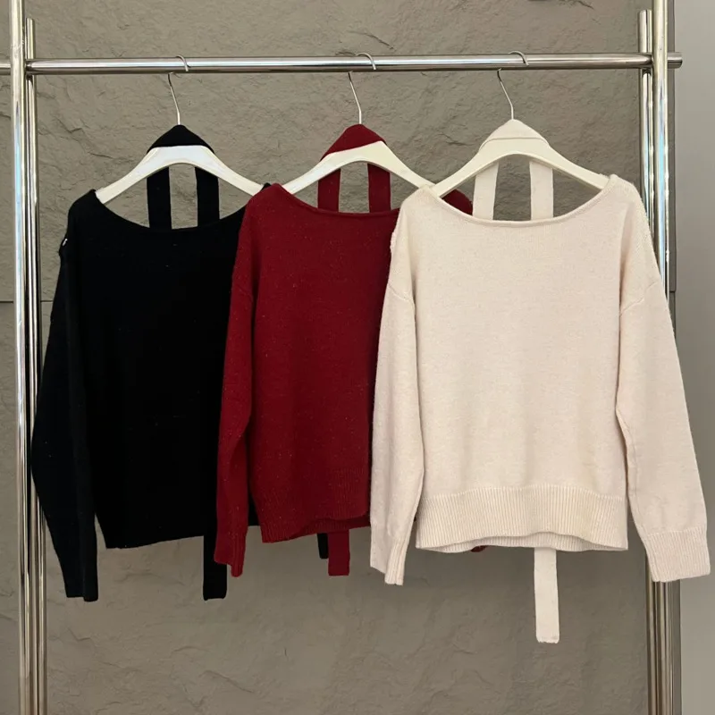 DEAT женский свитер с открытыми плечами и лямкой на шее свободный вязаный