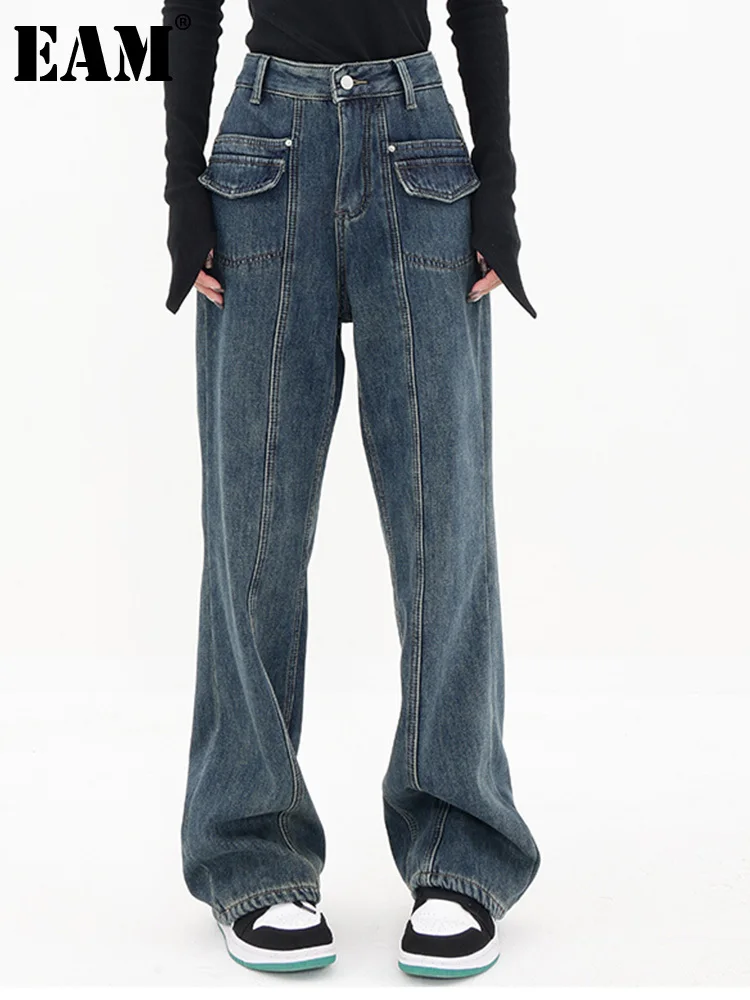 

[EAM] High Waist Blue With Fleece Thick Denim Pockets Pants New Loose Fit Trousers Women Fashion Autumn Winter 2022 1DF3611