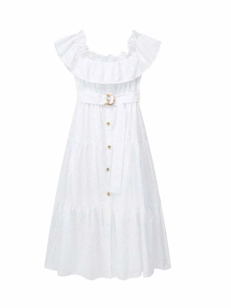 

Women 2023 New Chic Fashion With belt Hollowed out embroidery Midi Dress Vintage One line Neck Female Dresses robe Mujer 7678916