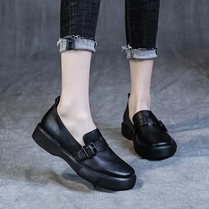 w stylu brytyjskim Małe skórzane buty damskie Nowe duże Wiosna Jesień Gumowe Retro Miękkie podeszwy Płaska podeszwa