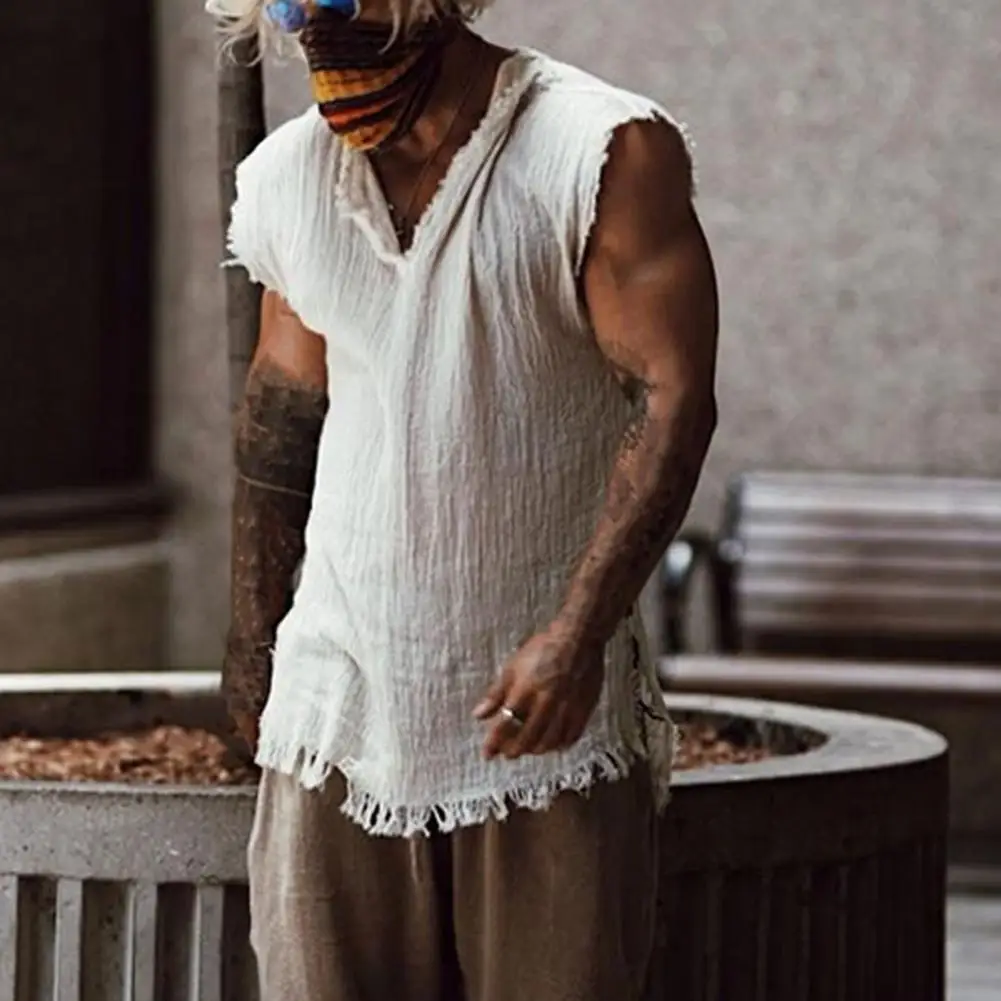 

Summer Sleeveless Shirt Vest Tank Top Men Solid Casual Man Braces Tanks Mens T-shirt Loose Ripped V Neck Male Blouse Clothes