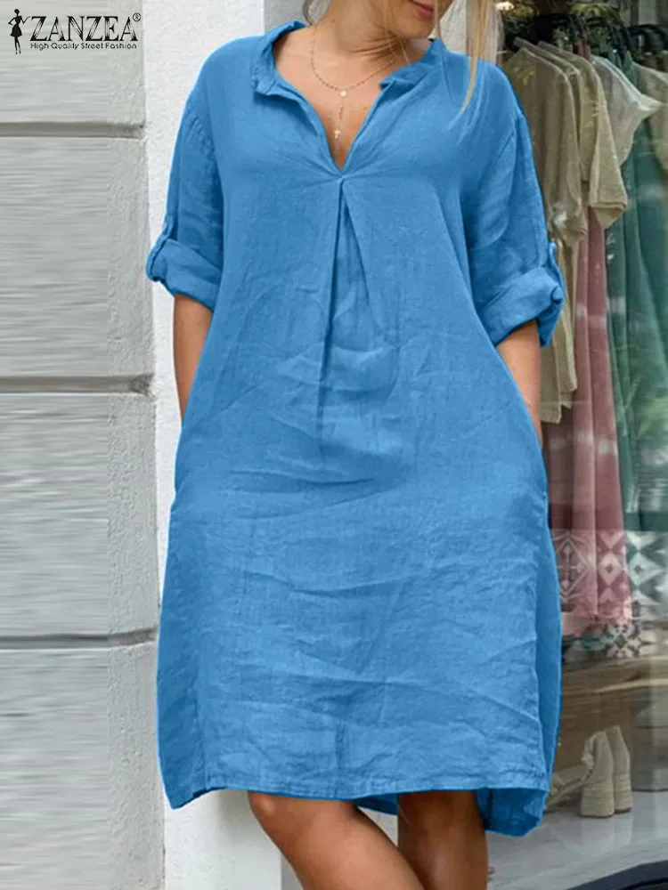 

Autumn Women Lapel Neck Long Sleeve Casual Cotton Dress 2022 ZANZEA Elegant Robe Femme Shirt Vestido Kaftan Office Work Sundress
