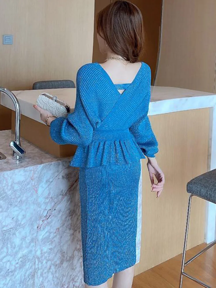 Элегантные трикотажные комплекты из 2 предметов корейский трикотаж сексуальный