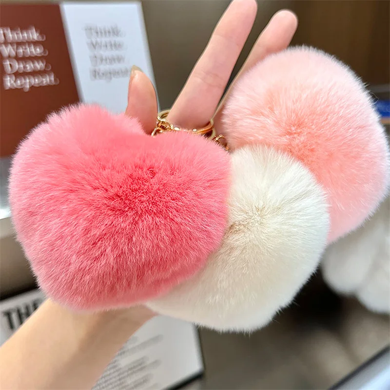 

Women's Key Chain Luxury Rex Rabbit Fashion Key Pendant Soft Plush Ball Keychain Gift Genuine Leather Car Accessories Pendant
