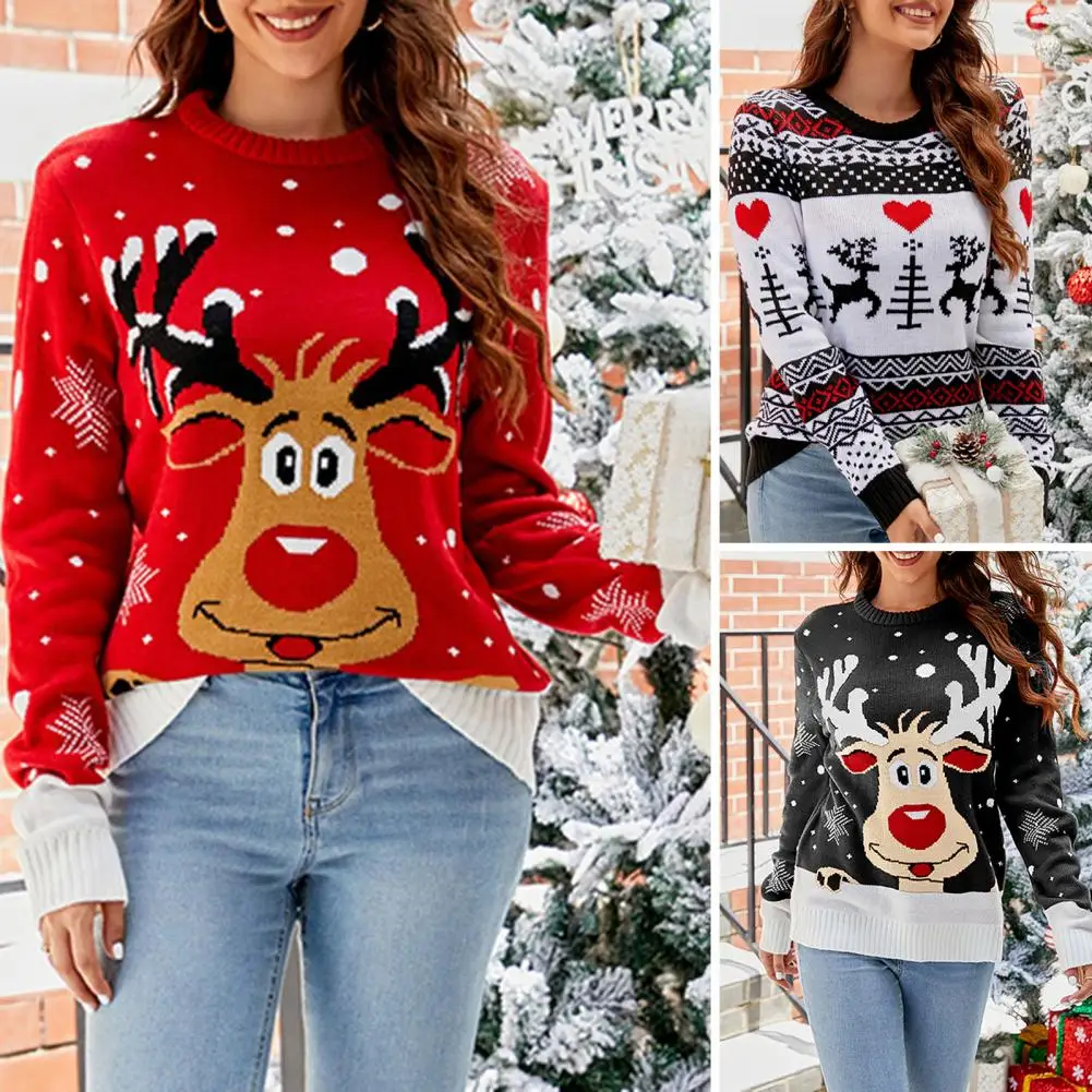 

Женский Рождественский свитер, праздничные женские вязаные свитера, очаровательный елка с оленем, фотография для осени и зимы