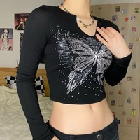 fairycore butterfly graphic print black tees 2000s vintage long sleeve v neck crop top y2k aesthetic fairycore grunge t shirt