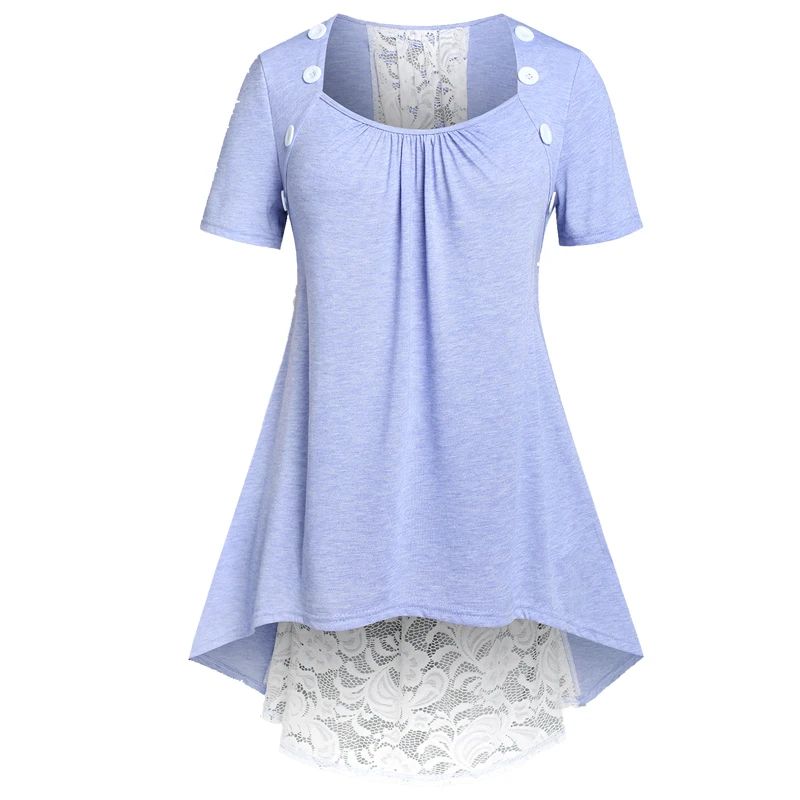 

Light Blue Lace Insert High Low T-Shirt Fashion Scoop Neck Irregular Tee High Stretch Lace Up Blouses Tops For Women Daily Wear