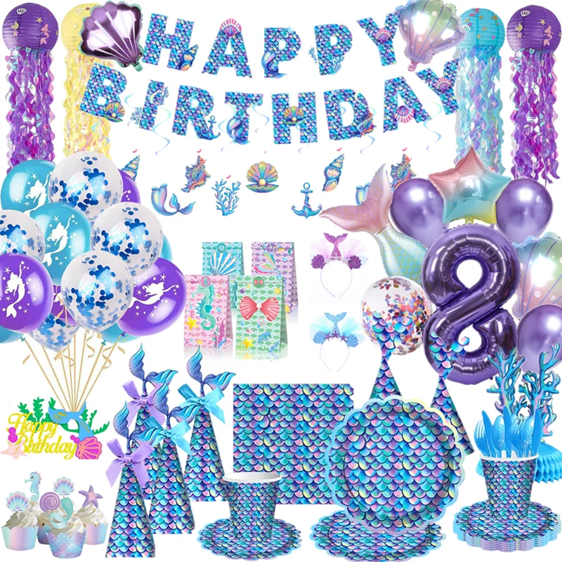 

Purple Little Mermaid Birthday Party Decoration Banner Balloon Disposable Cutlery Set Cake Topper Wedding Baby Shower Decoration