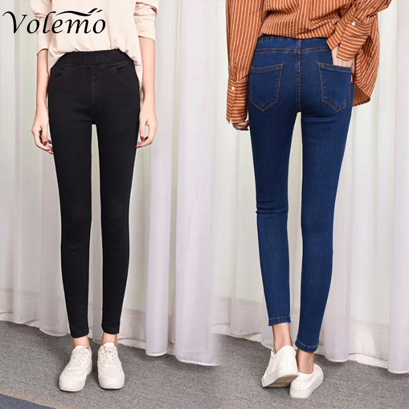 Volemo Women's Elastic High Waist Skinny Jeans Fashion Women Black Blue Pocket Mom Jeans Slim fit Stretch Denim Pants 5XL 6XL