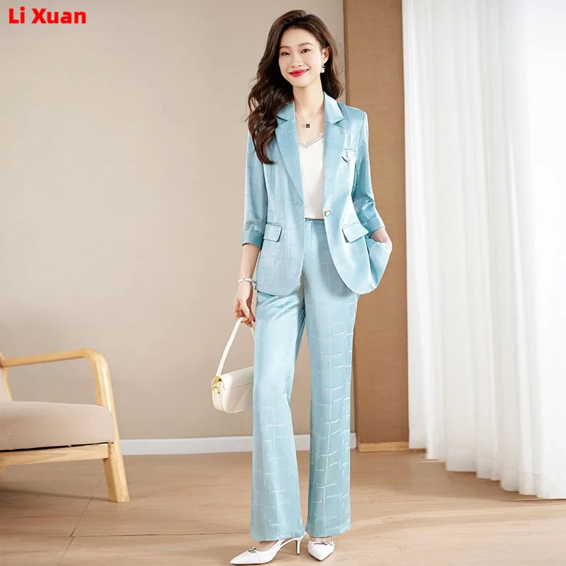 High Quality Korean Summer Suit Slim Women Elegant Office Half Sleeved Blazer Casual Set Femme Jackets Wide Leg Pants 2 Piece