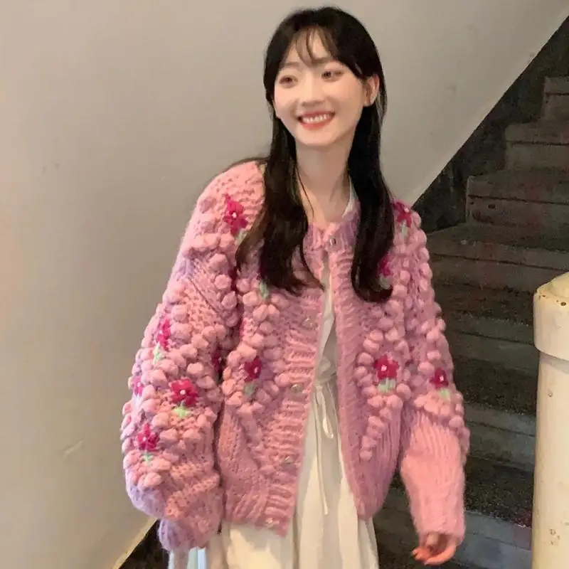 

Sweater cardigan women spring and autumn 2022 heavy industry crochet design sense niche pink knitted sweater cardigan women