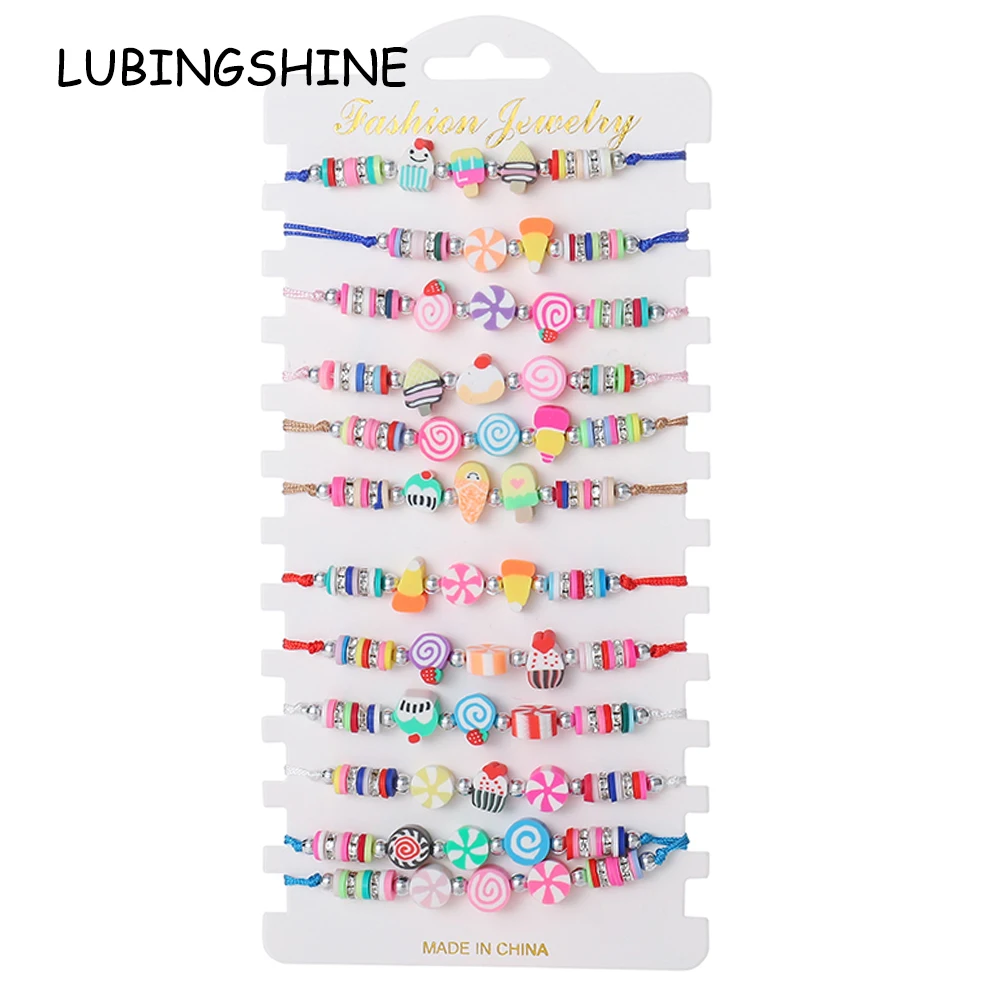 Boho 12pcs/lot Women Soft Clay Bead Ice Cream Candy Charms Yoga Bracelets Set Braided Adjustable Rope Chain Jewelry