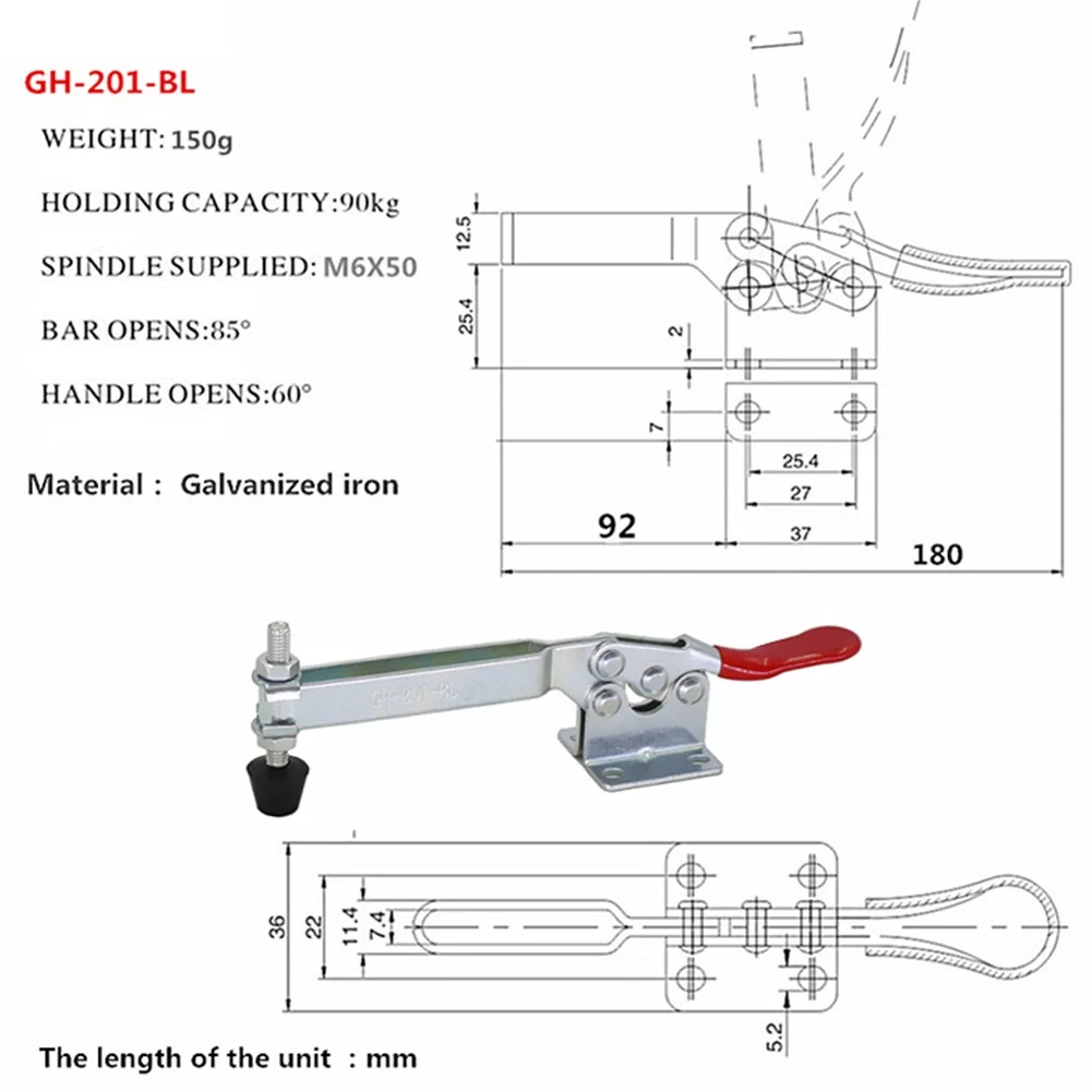 

Extended Toggle Clamp GH-201BL High Carbon Steel Non-slip PVC Handle Quick Release Clamp 90Kg 198Lbs Woodworking Tool