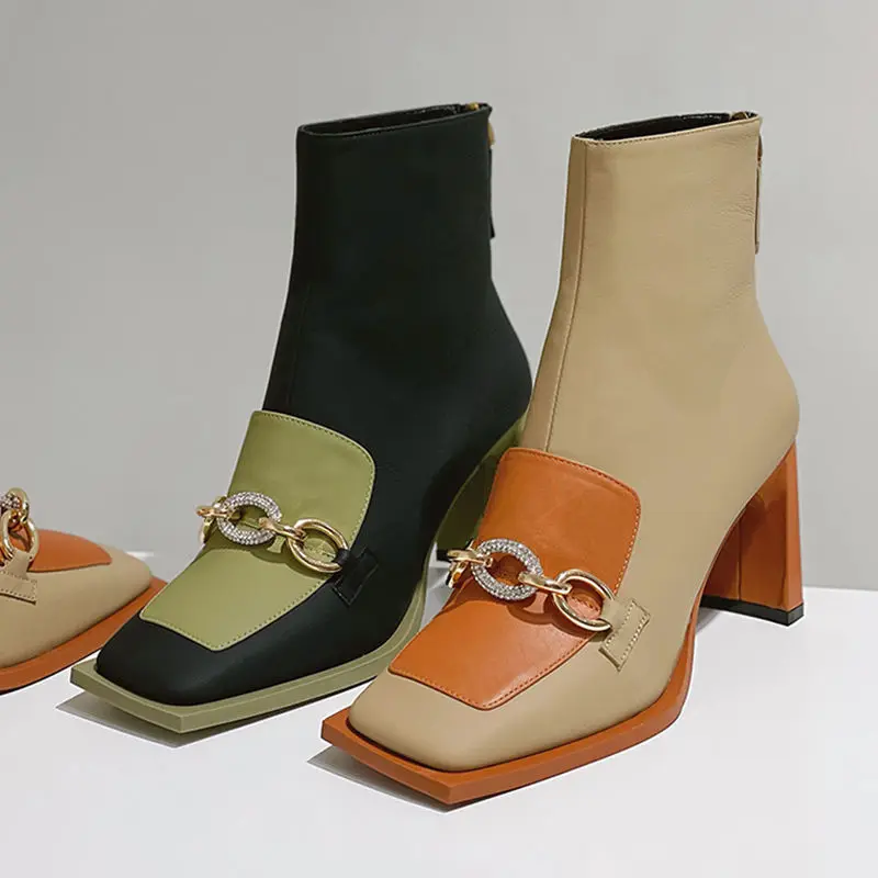 

2022 New Leather High Heels Women's Shoes Square Toe High Heels Thick Heels Metal Decorative Ladies Boots Beige zapatos mujer