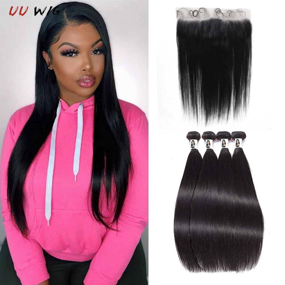 

UU WIG 13A Straight Bundles With Closure 13x4 HD Lace Closure With Bundles Brazilian Human Hair Bundles With Closure Remy Hair