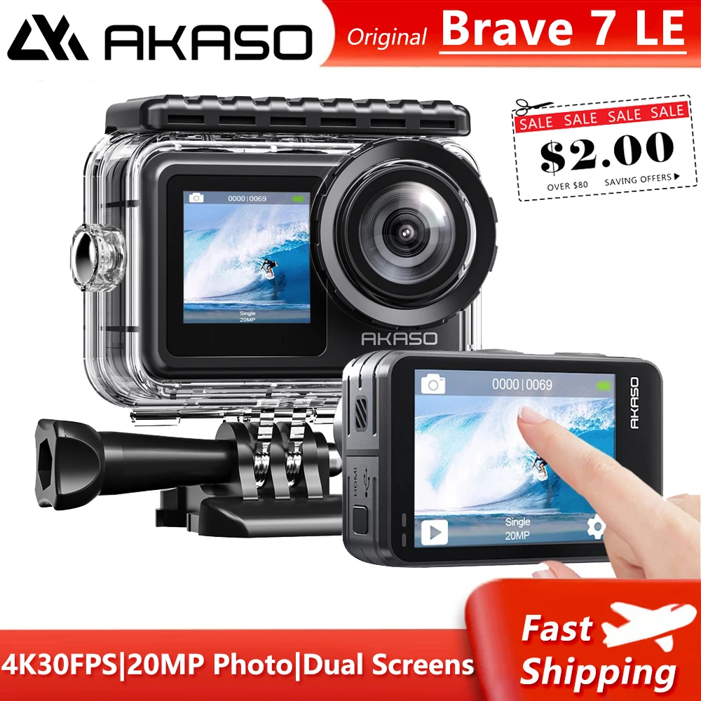 

Экшн-камера AKASO Brave 7 LE, 4K, 30fps, 20 МП, Wi-Fi, сенсорный экран