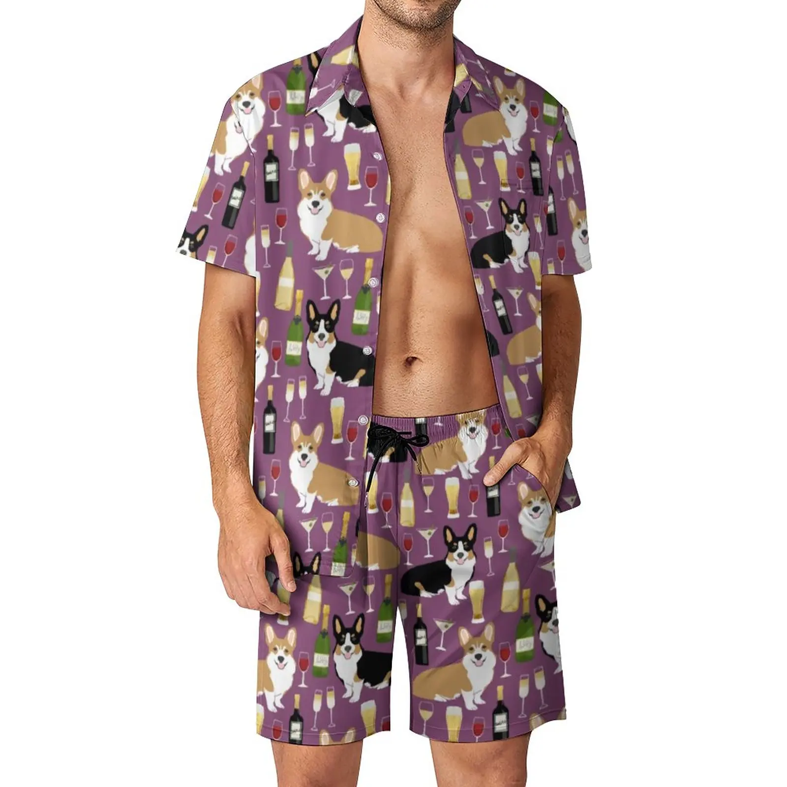 

Wine Print Beach Men Sets Corgi Dog Print Casual Shirt Set Summer Shorts Two-piece Retro Suit 2XL 3XL
