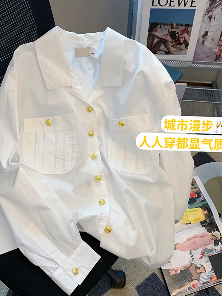 

Women Autumn White Color Vintage Over-shirt Turn-down Collar Blouses Baggy Long Sleeve Lady Shirt Single Breasted Office Lady