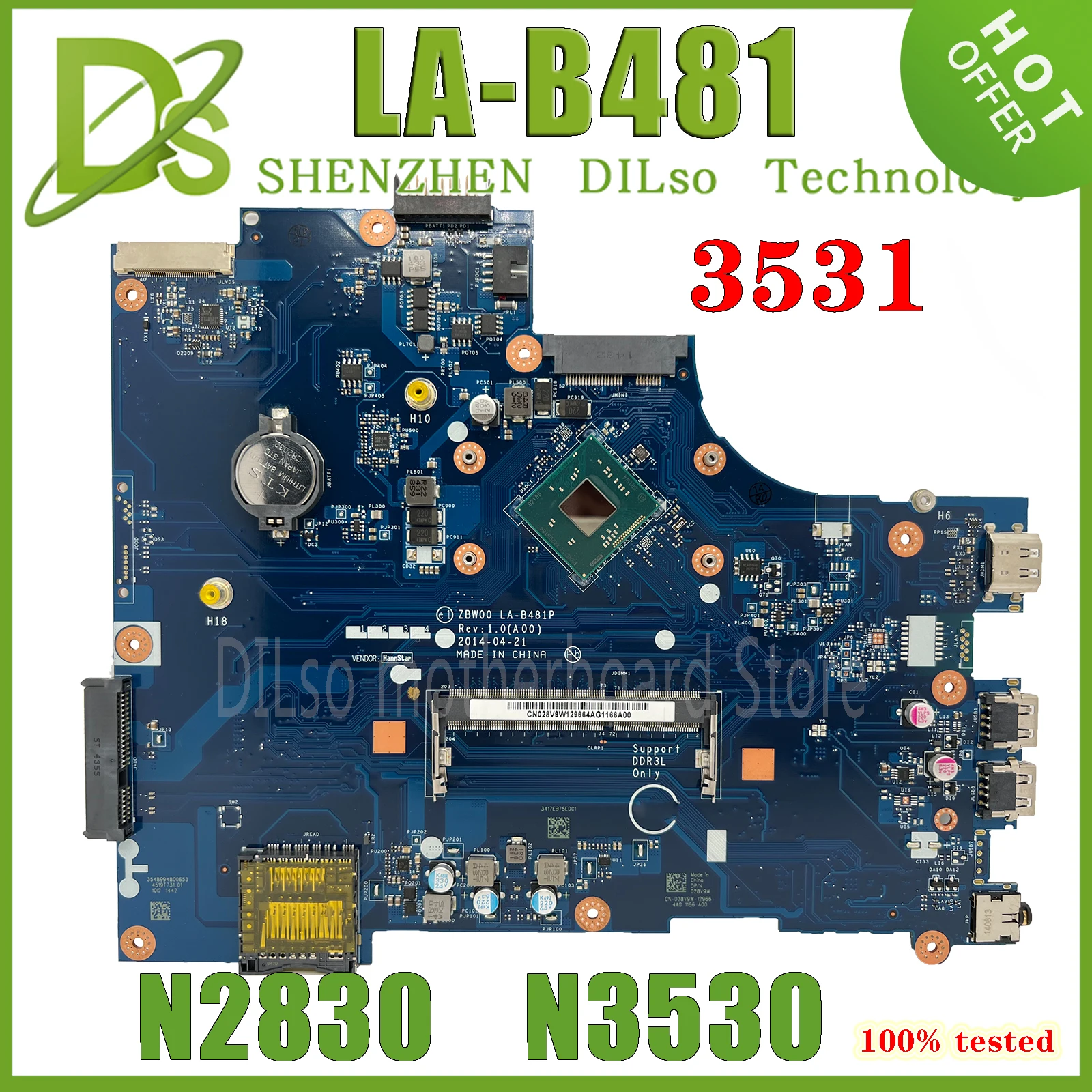 KEFU ZBW00 LA-B481P For DELL Inspiron 15 3000 3531 Laptop Motherboard LA-B481P Dual-core N2830 N3530 DD3L
