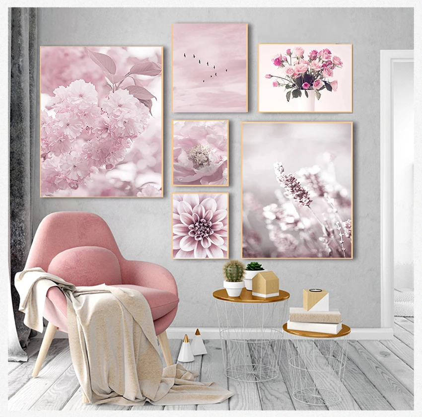 

Posters And Prints Wall Art Canvas Painting Wall Pictures For Living Room Pink Flower Cherry Blossom Rose Peony Sky Bird Nordic