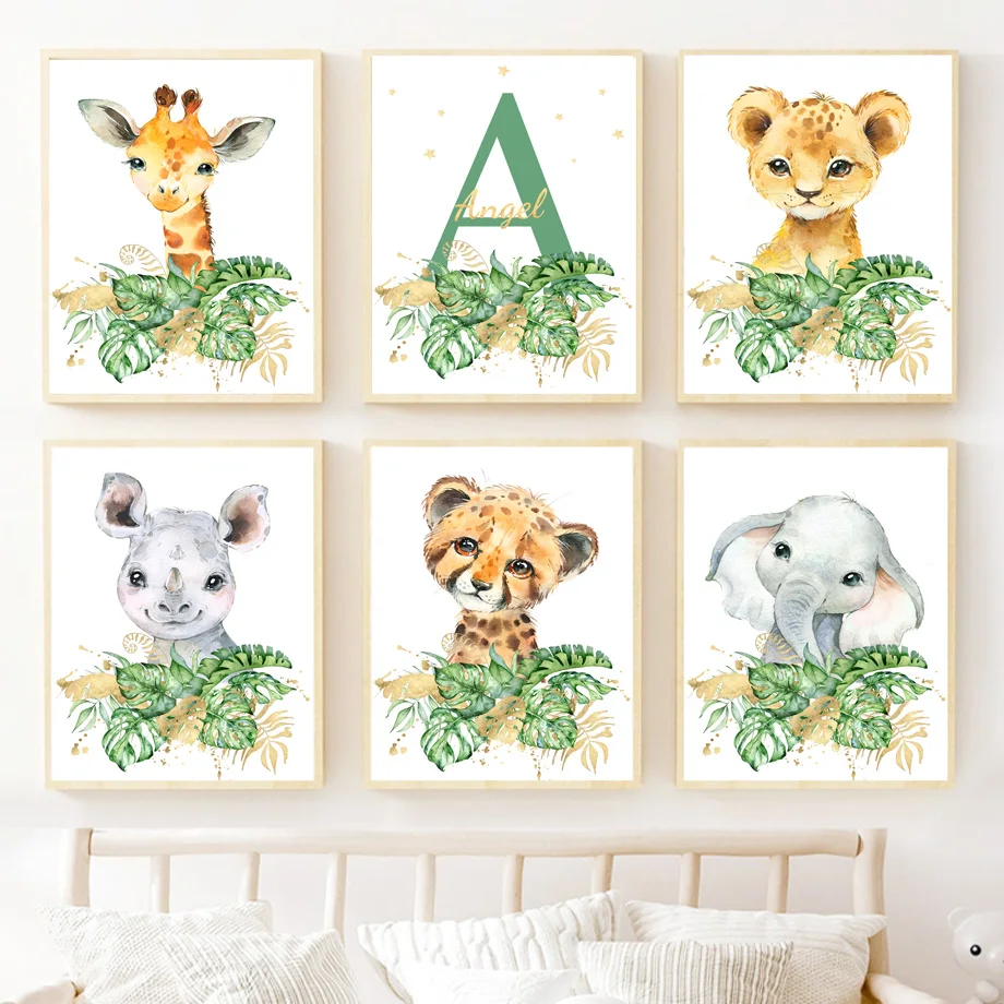 

Постеры и принты для детской комнаты с изображением жирафа льва в стиле бохо, настенные художественные картины с названием на заказ, декор для детской комнаты с изображением джунглей, животных, холст для рисования