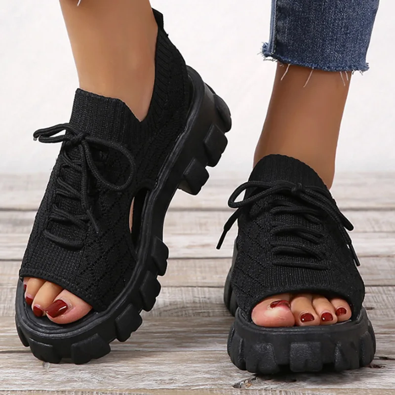 

2023 Summer Platform Sandals Cottom Fabrics For Women Peep Toe Gray Retro Lady Lace-up Casual Female Shoes