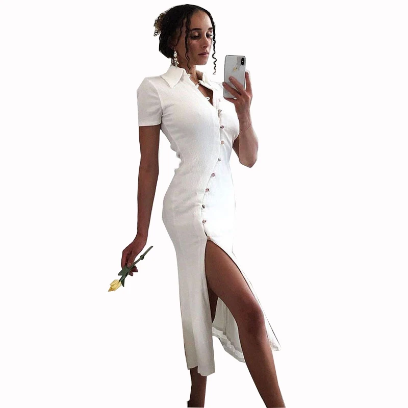 

Women Midi length standard collar dress sexy button slit dress vestidos mujer