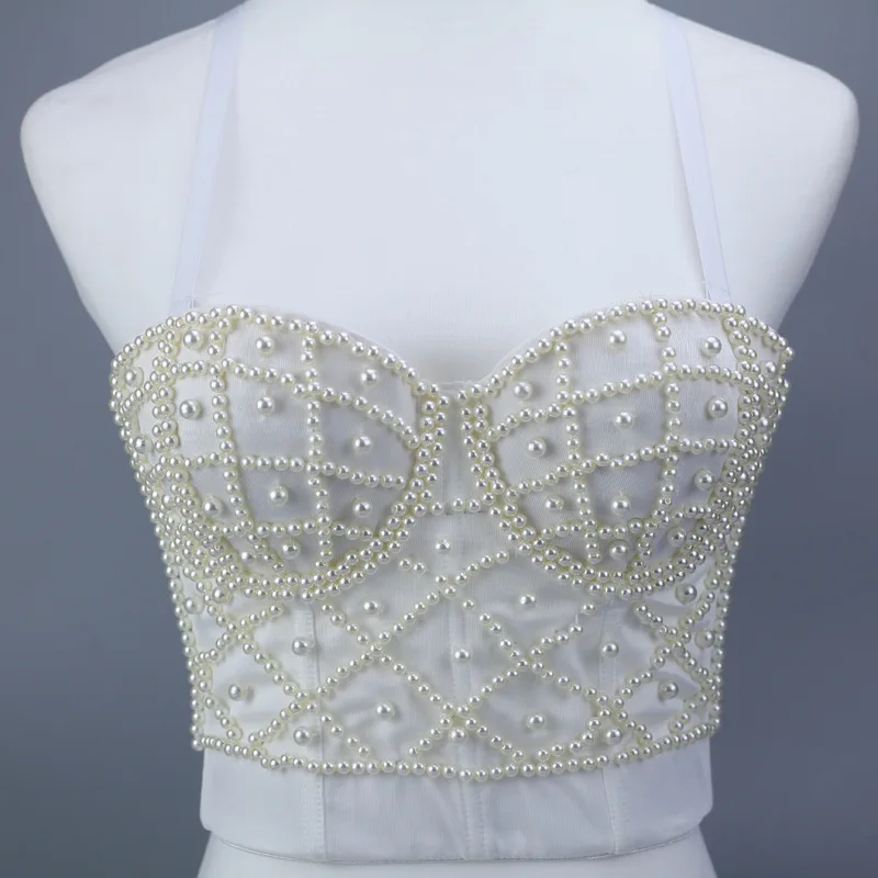 

Pearl Beading Women Luxury Bustiers Corsets INS Trendy Fahsion Crop Top Sexy Short Bralet Push Up Summer Bra Lingerie Bodice