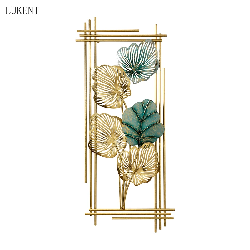 

New Chinese Luxury Wrought Iron Green Glod Leaf Wall Hanging Decoration Home Livingroom TV Background Wall Sticker Mural Crafts