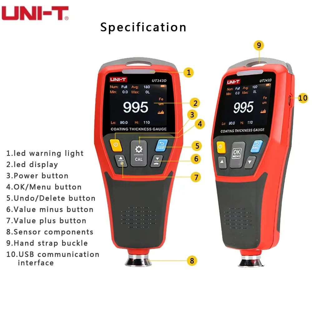 Фото Измеритель толщины покрытия UNI-T UT343D: Автоматический магнитно-индукционный тестер толщины лакокрасочного покрытия автомобиля с ручной калибровкой и ЖК-дисплеем №1