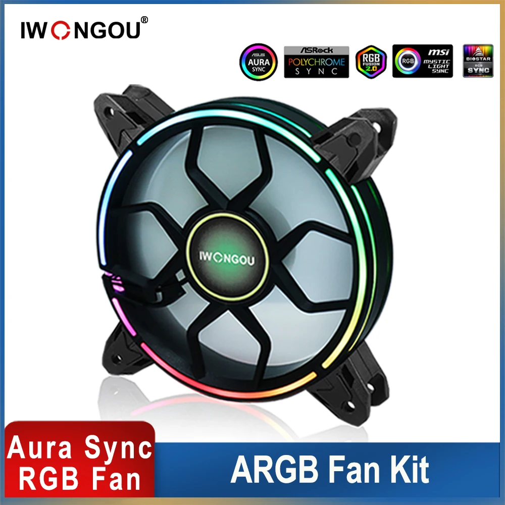 Iwongou pc Fan Rgb 120 mm Aura Sync Cooler Ajustável Ajustar a Velocidade Led 12cm Kit In1 Argb Computador Case Controlador de Refrigeração Ventiladores e resfriadores
