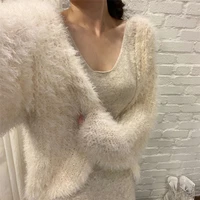 casual solid sweet office lady casual all match tops elegant autumn new women sweater female cardigan coat furry puff sleeves