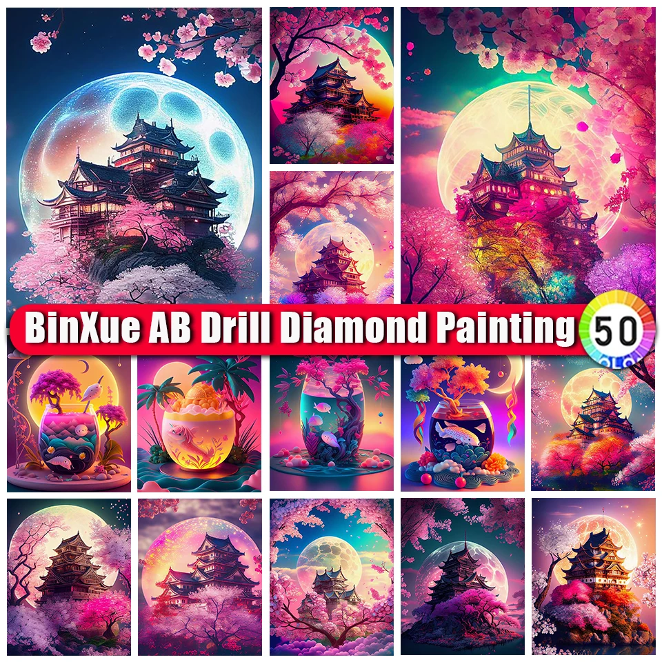 

BinXue 2023 New Dreamy Moon 5D DIY AB Diamond Painting Kit Neon Scenery Peach Tree Pavilion Cross Stitch Mosaic Home Decor Gifts