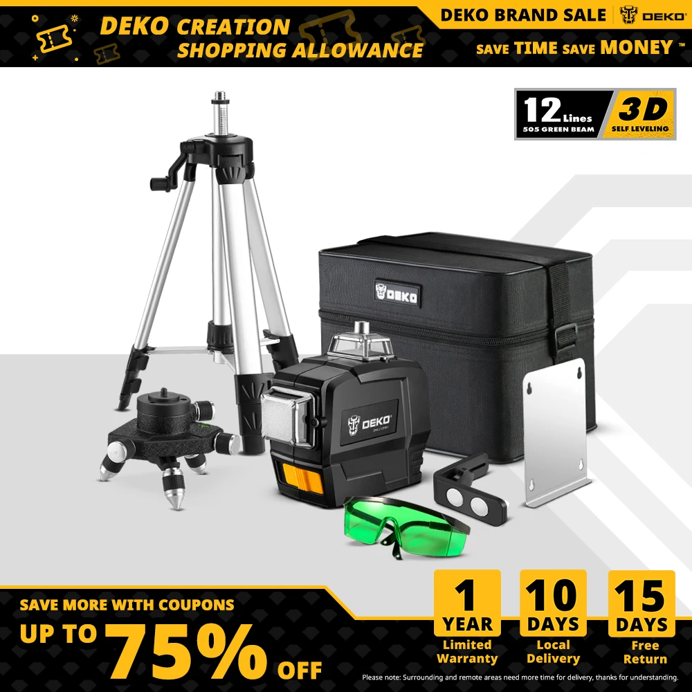 Уровень лазерный DEKO DKLL12PB, вращающийся на 360 градусов, самовыравнивающийся, зеленый