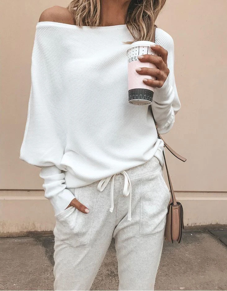 

Sweater Women Sexy Off Shoulder Batwing Sleeve Pullovers Jumper 3XL 2022 Harajuku Casual Loose Solid Long Sleeve Knitted Sweater