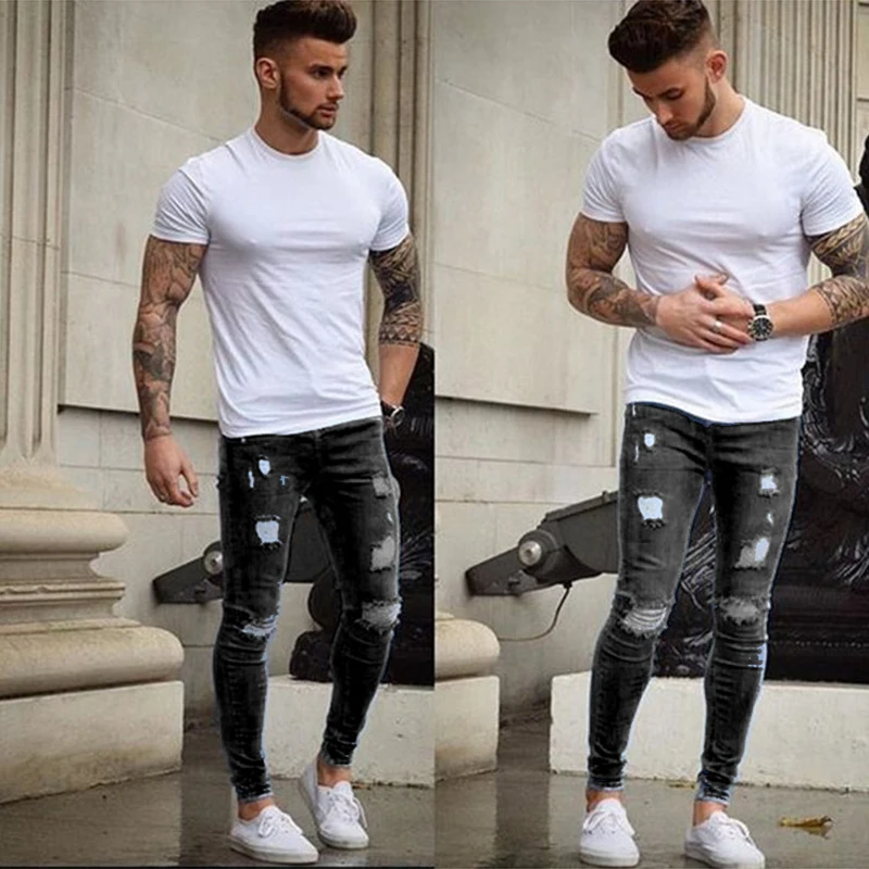 Fashion Mens Ripped Skinny Jeans Men Slim Fit Hole Pencil Pants Casual Biker Trousers Streetwear High Quality Denim Man Clothing