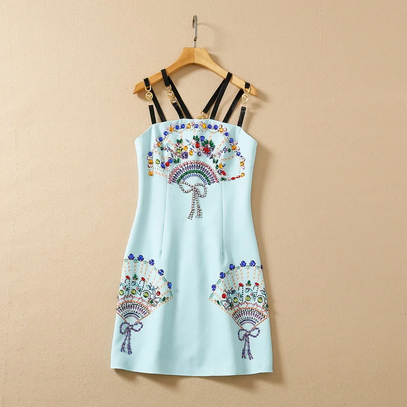 

Женское летнее платье в европейском и американском стиле, новинка 2022, модное приталенное платье с синим принтом и тяжелыми бусинами