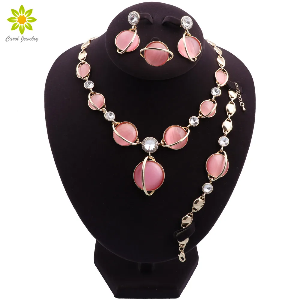 

Elegant Pink Opal Jewelry Sets For Women Gold Plated Necklace Earrings Ring Bracelet Set Bride Wedding Party Accessories